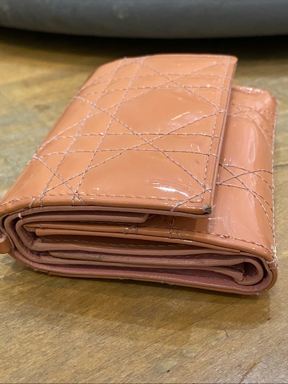 Lady Dior Lotus Quilted Patent Leather Cannage Wallet in Peachy Pink - Picture 3 of 13